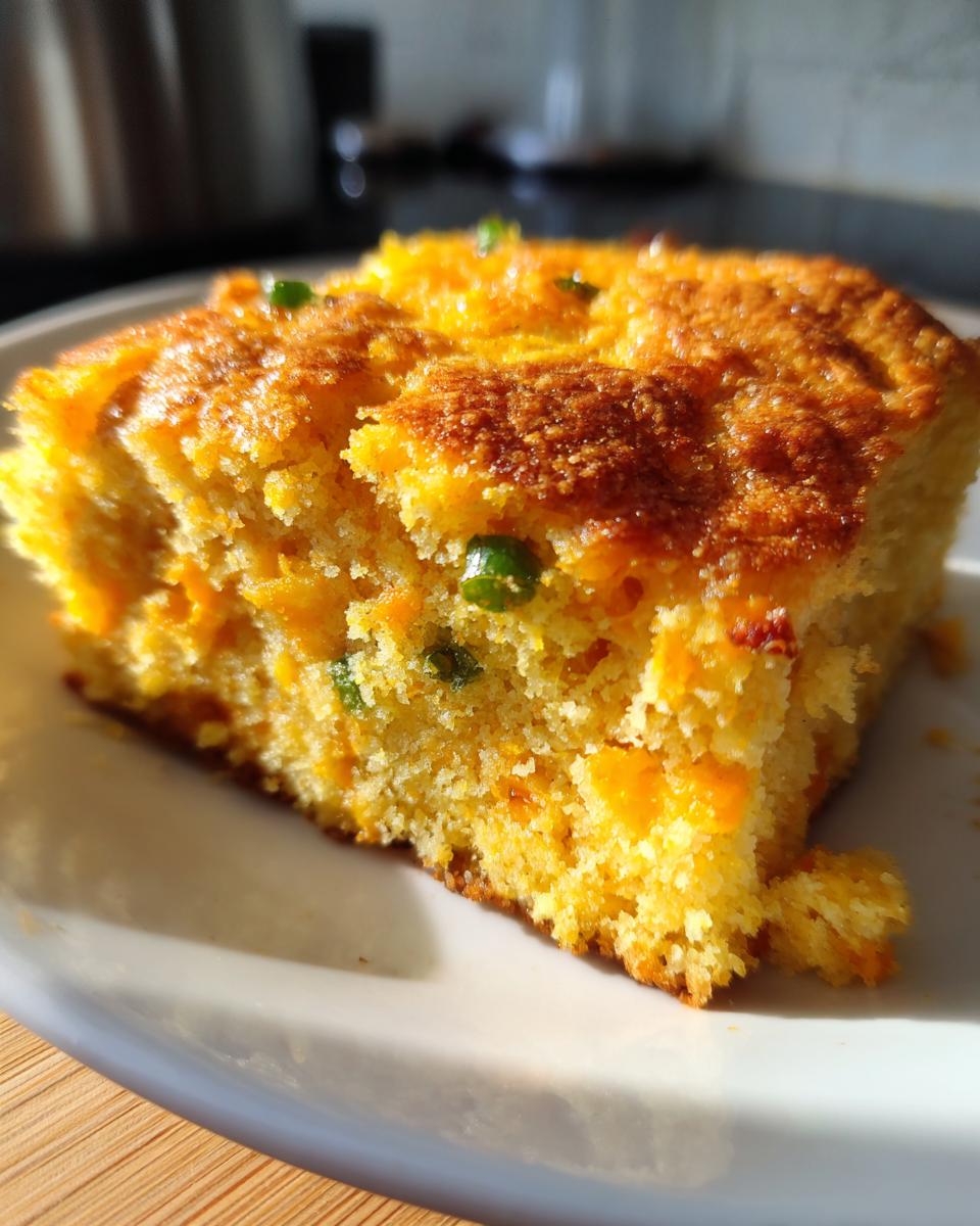 A close-up, sunlit slice of moist mexican cornbread studded with cheese and green jalapeño pieces.