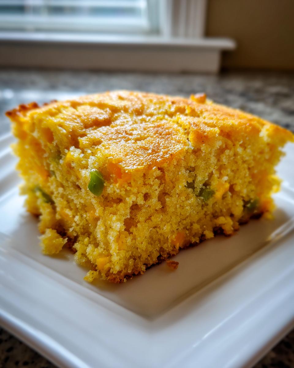 A close-up of a moist, golden slice of mexican cornbread with visible green jalapeño pieces on a white square plate.