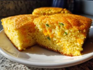 Close-up of moist Mexican cornbread slices showing melted cheese and green jalapeño pieces baked inside.