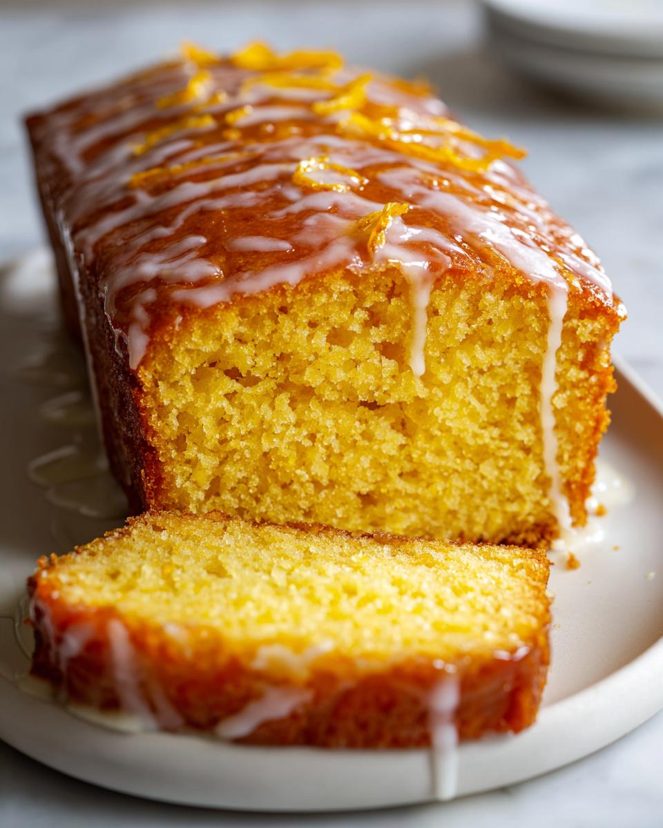 Close-up of a moist orange juice cake loaf with a thick white glaze dripping down the sides and topped with orange zest.