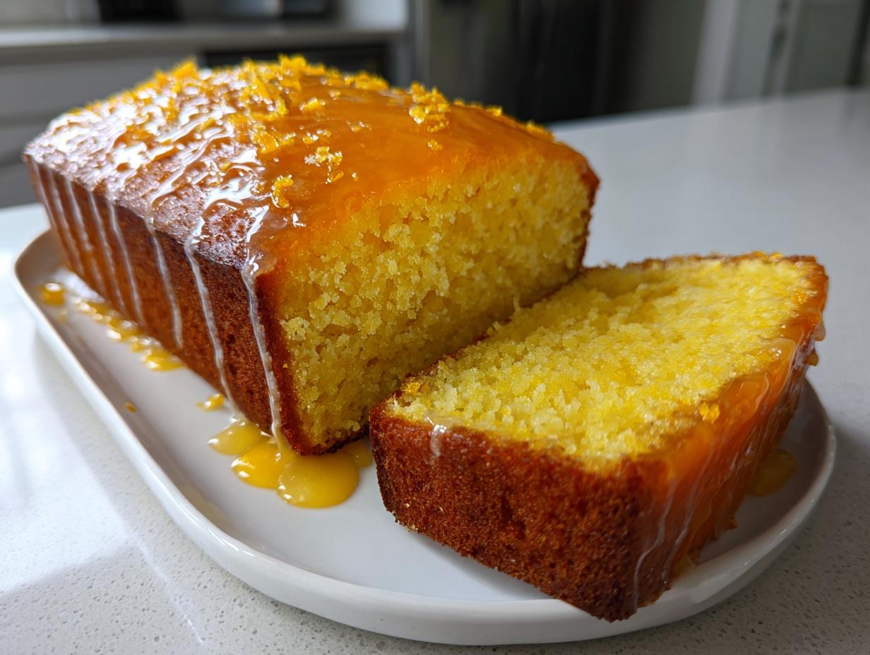 A moist orange juice cake loaf, partially sliced, covered in a bright orange glaze and zest.