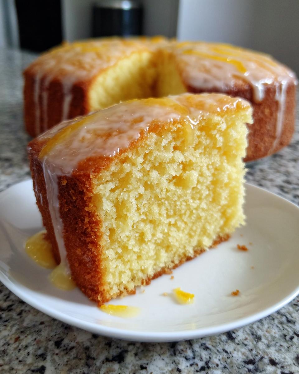 Close-up of a moist slice of orange juice cake topped with a sweet white glaze and orange zest.