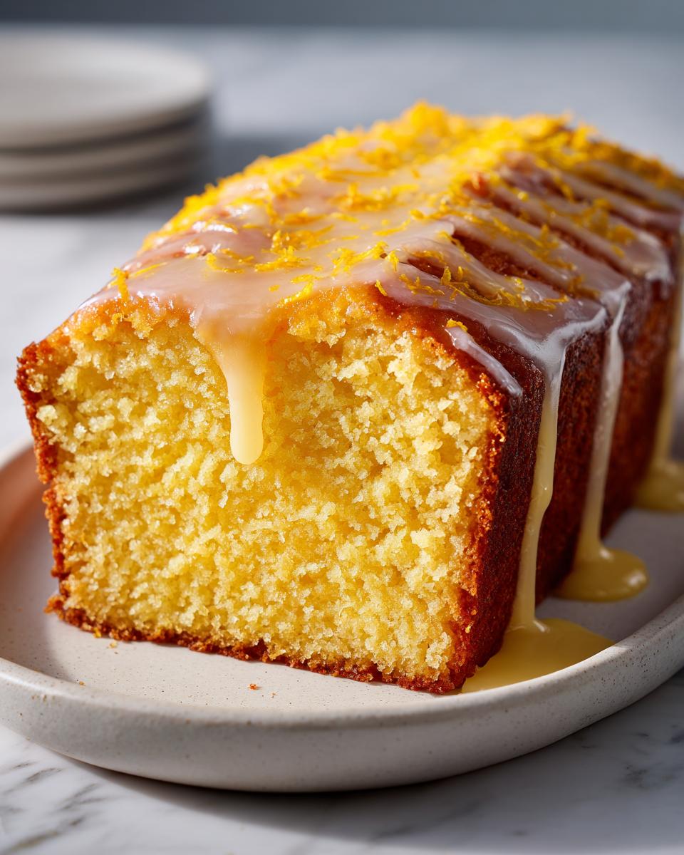 Close-up of a slice of moist orange juice cake topped with a thick glaze and bright orange zest.