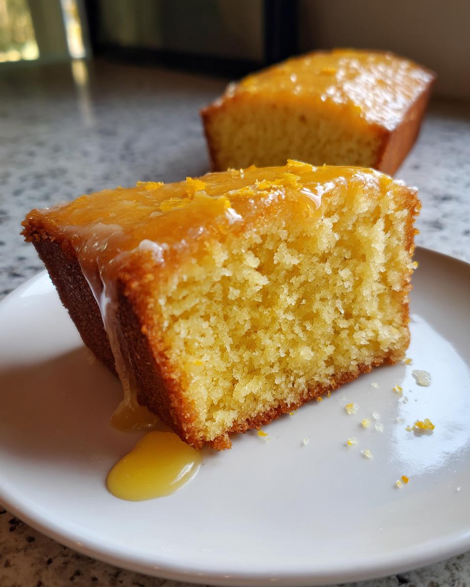Close-up of a moist slice of orange juice cake topped with a thick orange glaze and zest.