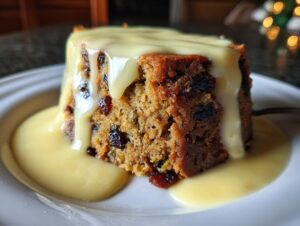 A close-up of a rich, dark plum pudding slice generously covered in thick, creamy yellow custard sauce.