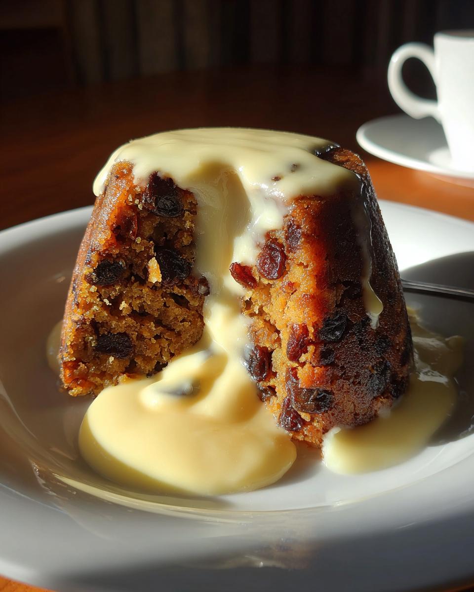 A rich, dark plum pudding, cut open and generously covered with thick, creamy custard sauce.