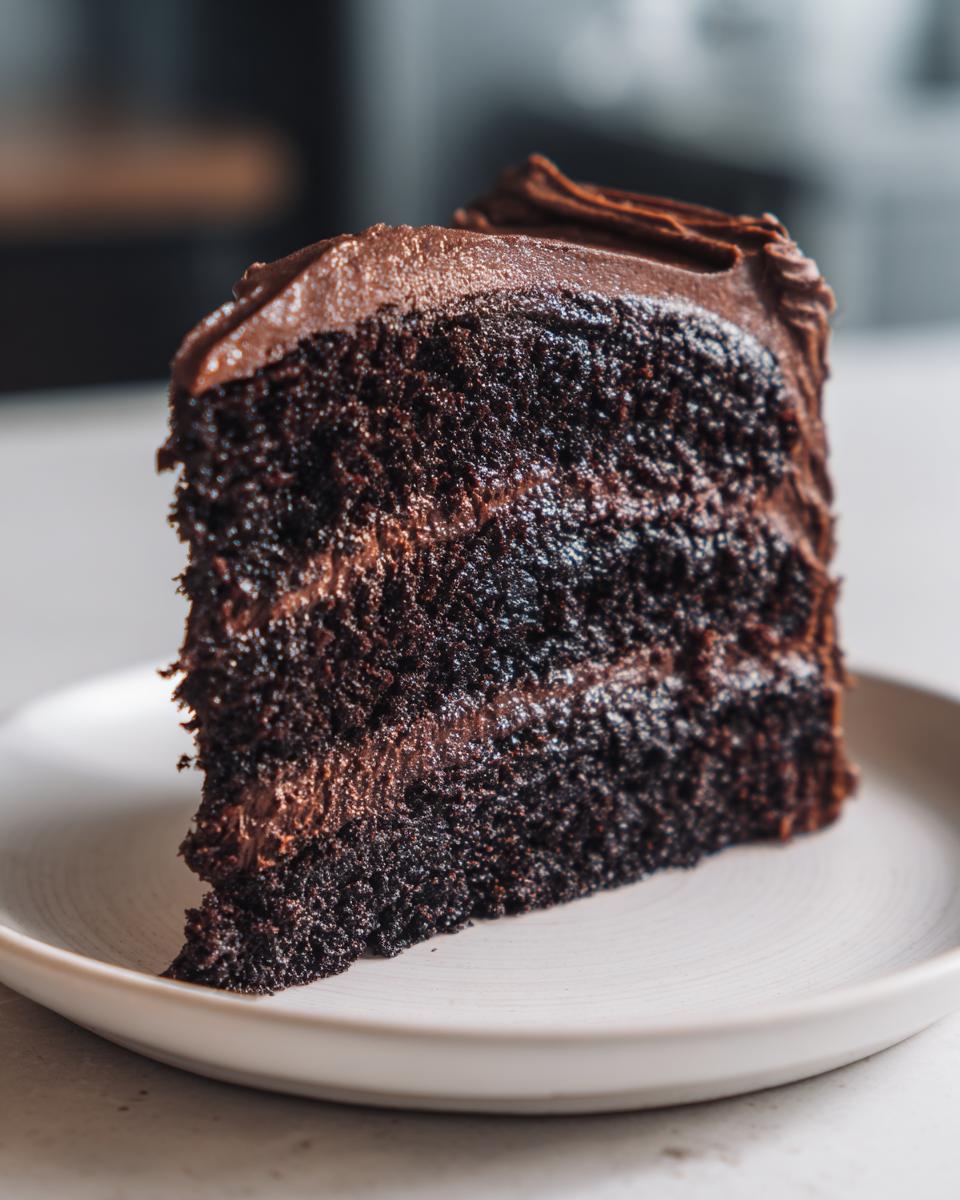 Close-up of a moist, dark slice of homemade chocolate cake layered with rich chocolate frosting on a light plate.