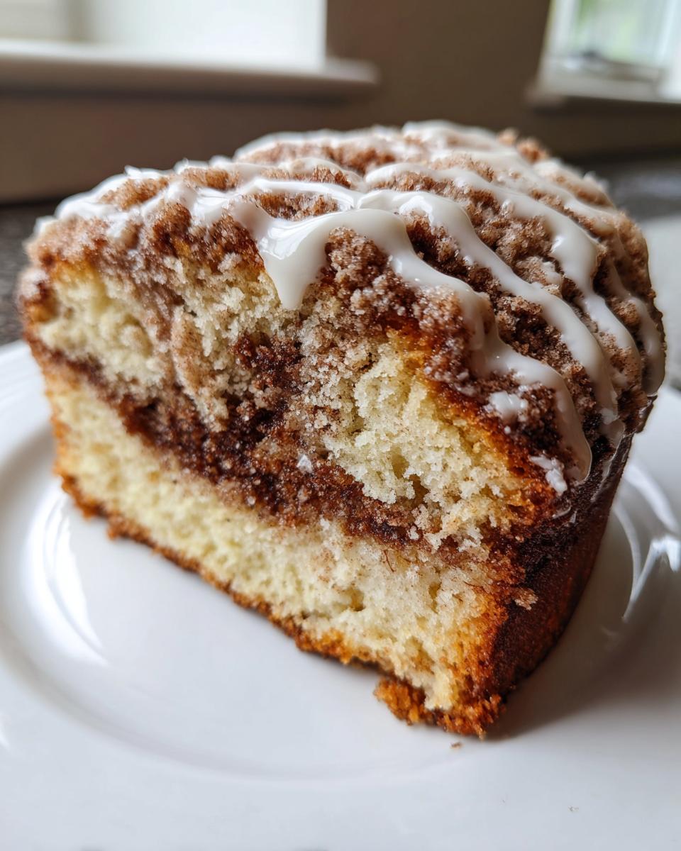 Close-up of a moist slice of sour cream coffee cake featuring a cinnamon swirl and a white vanilla glaze drizzle.
