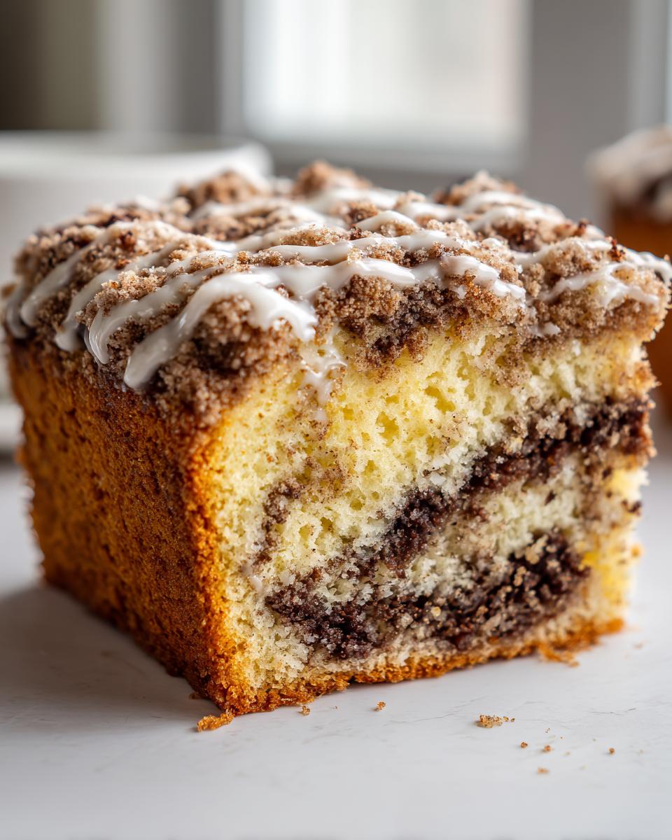 Close-up of a moist slice of sour cream coffee cake showing the yellow cake, cinnamon swirl, and crumb topping drizzled with glaze.