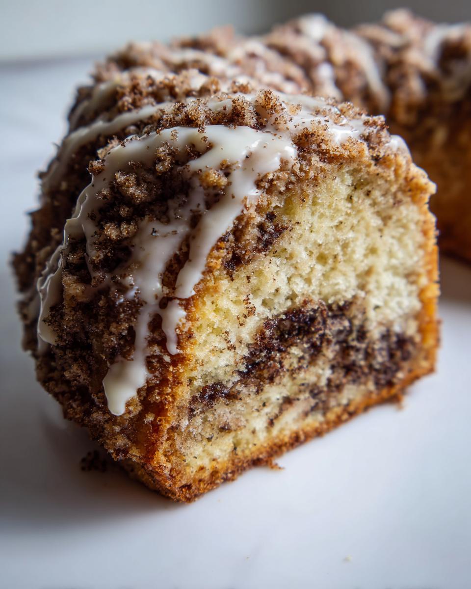 Close-up of a moist slice of sour cream coffee cake featuring a cinnamon swirl and drizzled with white glaze.