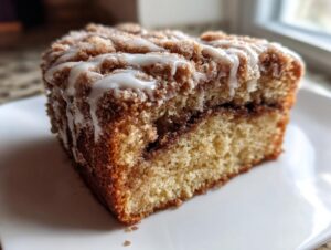 A close-up of a moist slice of sour cream coffee cake featuring a thick cinnamon streusel layer and white vanilla glaze.