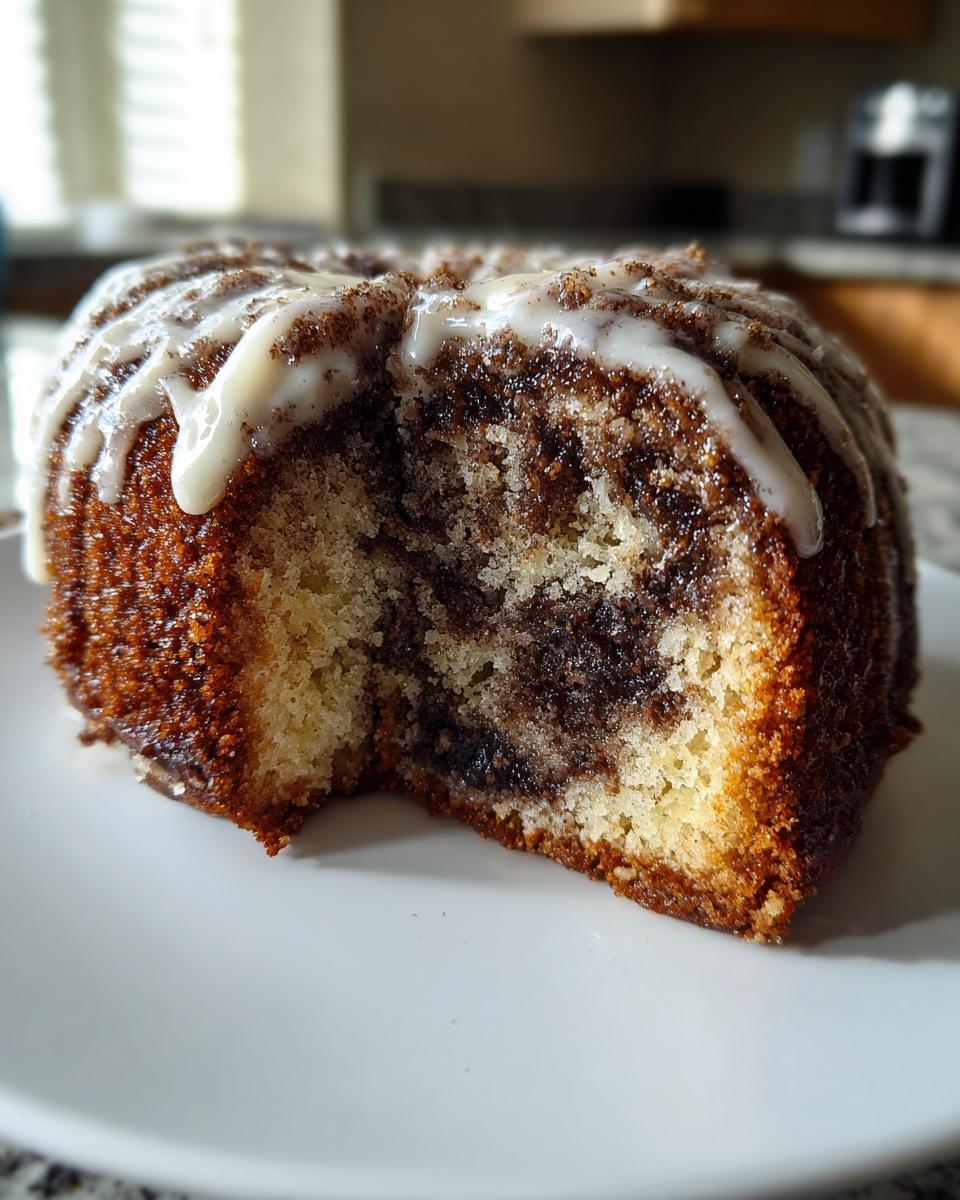 Close-up of a slice missing from a moist sour cream coffee cake with a dark cinnamon swirl and white glaze.