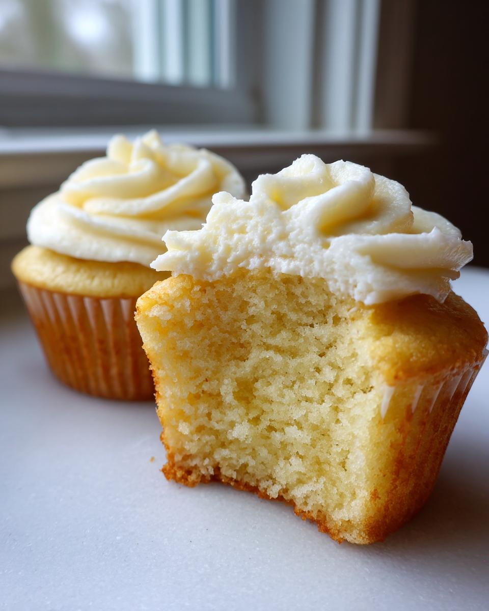 A close-up of a delicious vanilla cupcake with a bite taken out, showing the moist crumb and creamy frosting.