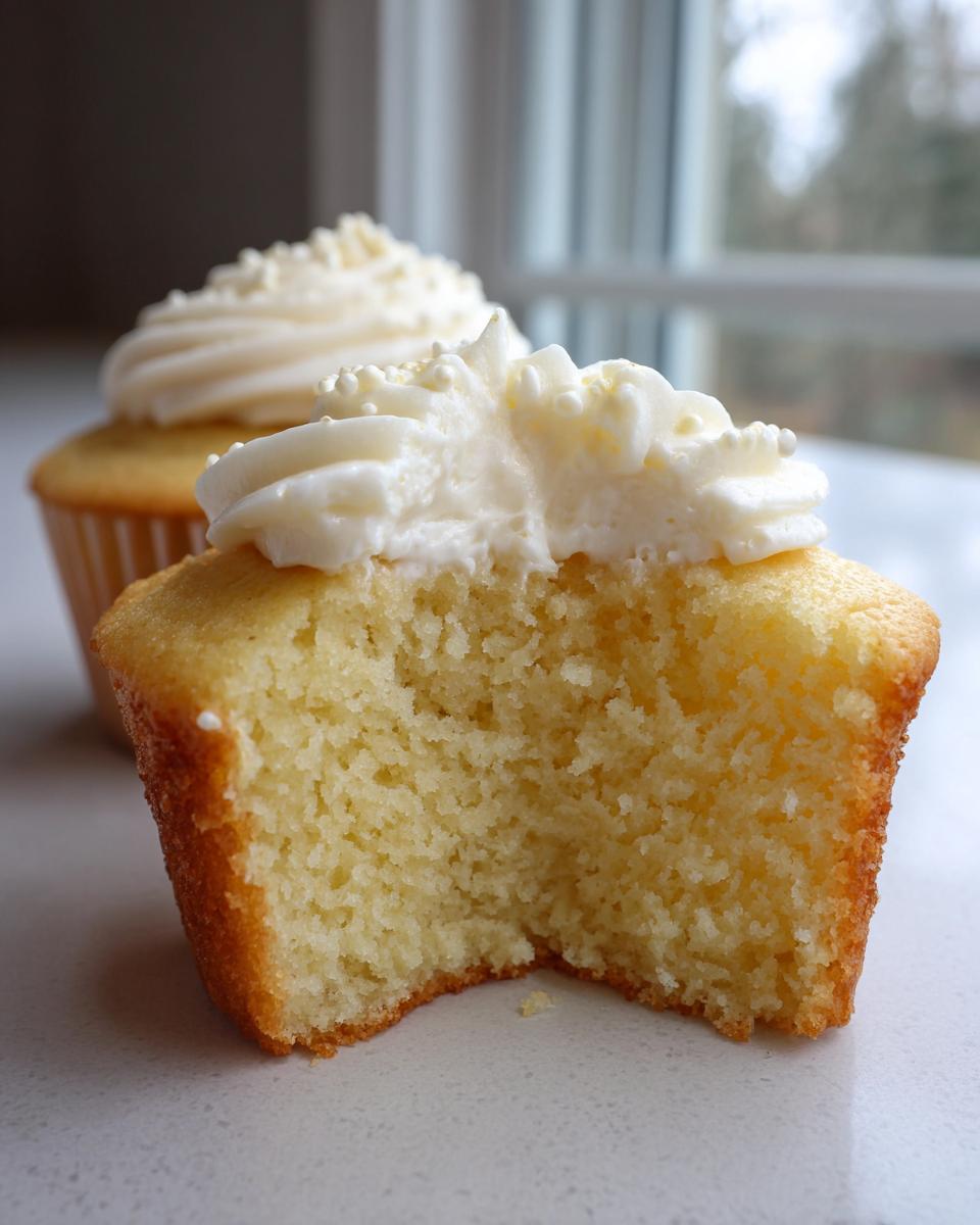 Close-up of a vanilla cupcake cut in half showing the moist crumb and white buttercream frosting, perfect for homemade vanilla cupcakes.