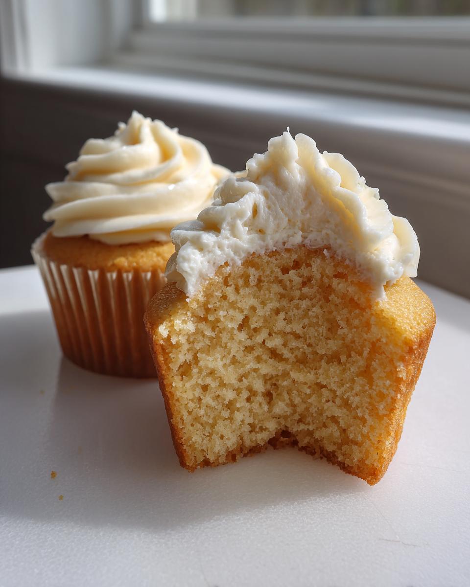 Close-up of a vanilla cupcake cut in half showing its moist crumb, next to a whole vanilla cupcake with white frosting.