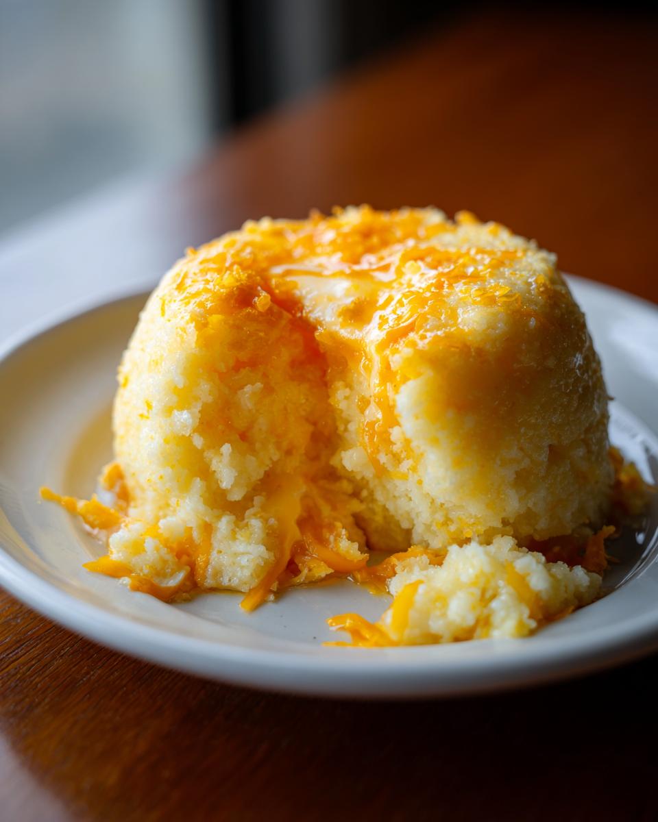 A molded serving of creamy, yellow cheese grits topped with melted cheddar cheese on a white plate.