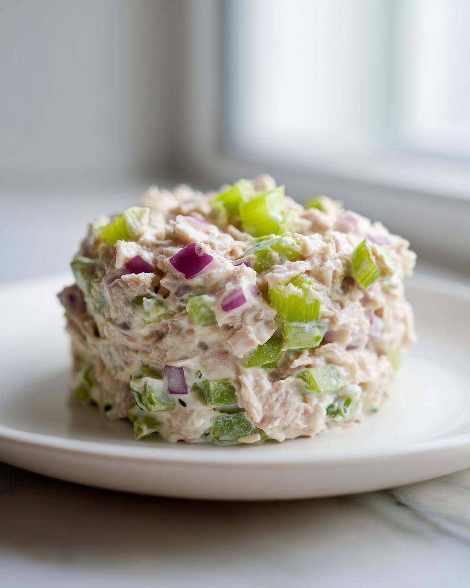 A perfectly molded portion of healthy tuna salad featuring chunks of tuna, bright green celery, and red onion on a white plate.