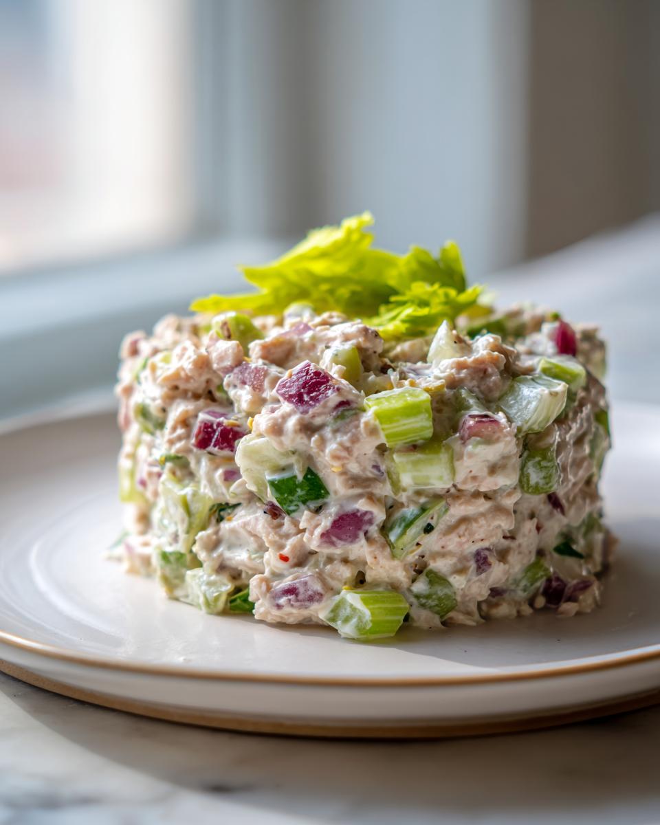 A molded serving of healthy tuna salad mixed with diced celery and red onion, topped with celery leaves.
