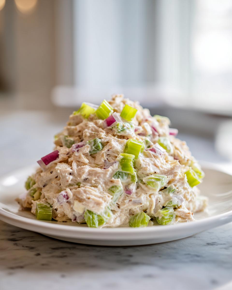 A close-up of a mound of creamy healthy tuna salad mixed with bright green celery and red onion chunks on a white plate.