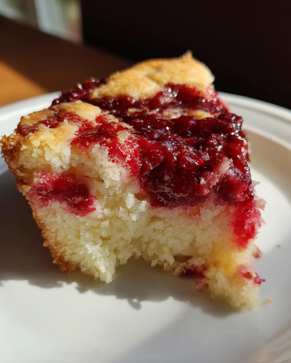 Close-up of a moist slice of Nantucket cranberry pie showing the bright red cranberry topping over the yellow cake base.
