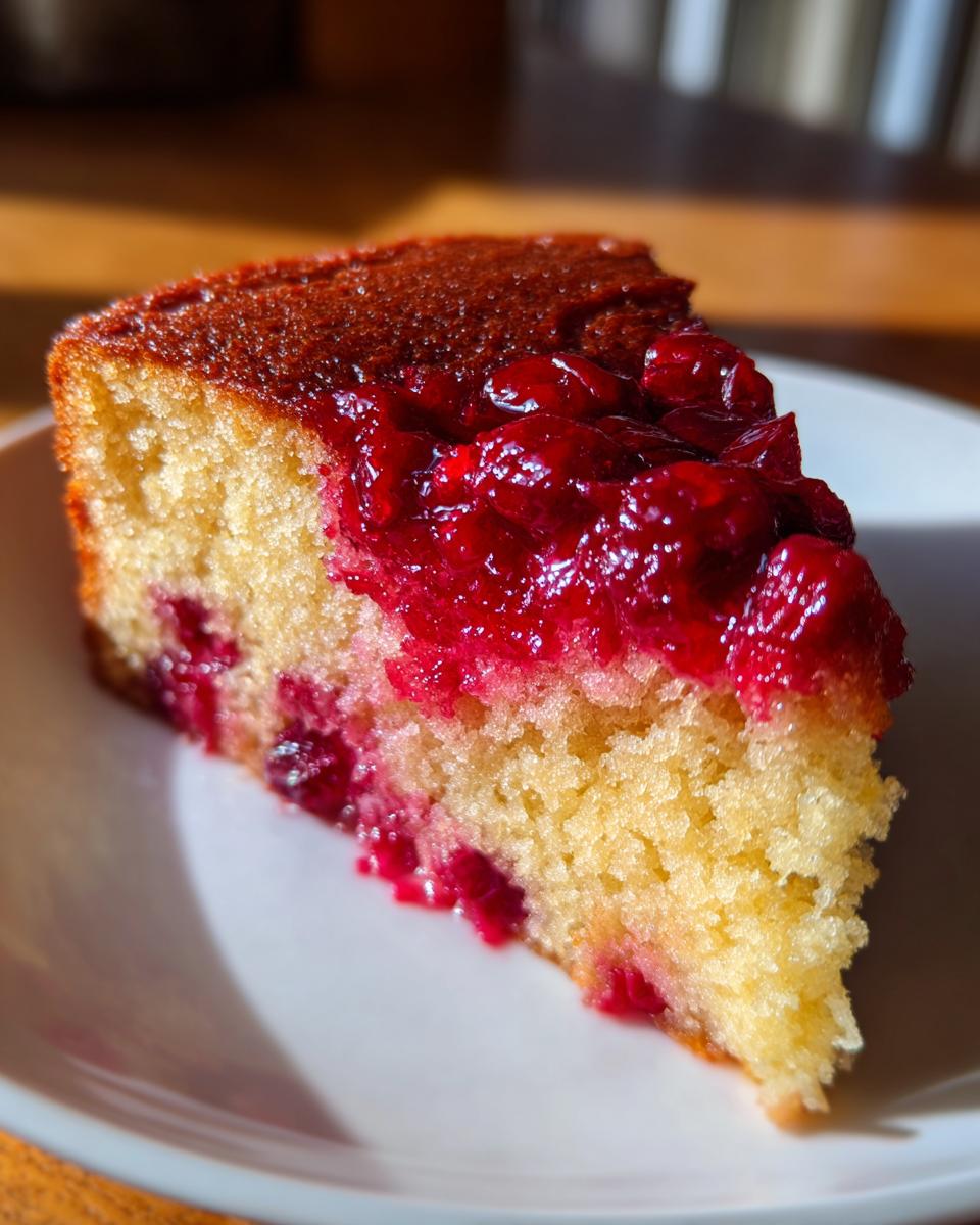 Close-up of a moist slice of Nantucket cranberry pie showing a rich, bright red cranberry topping over a dense yellow cake base.