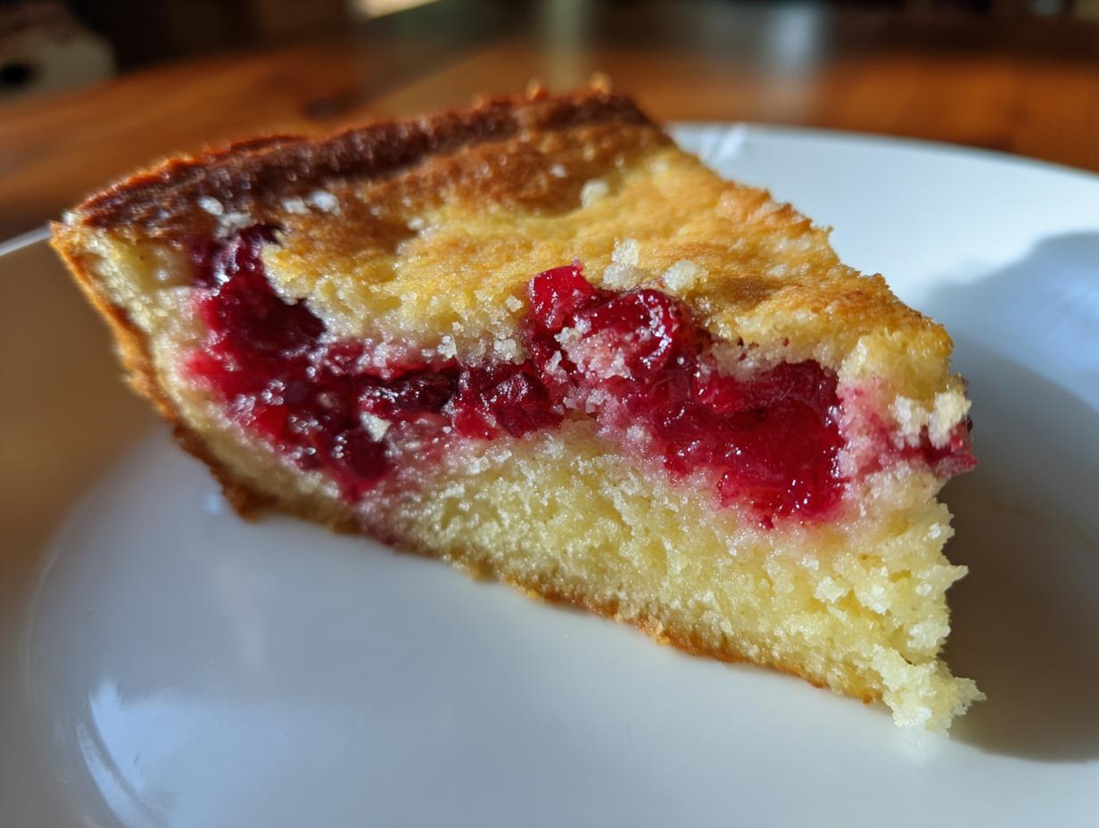 Close-up of a moist slice of Nantucket cranberry pie showing the bright red cranberry filling and golden cake base.