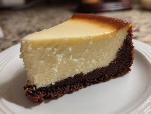 A close-up of a thick slice of creamy new york cheesecake with a dark chocolate crust on a white plate.