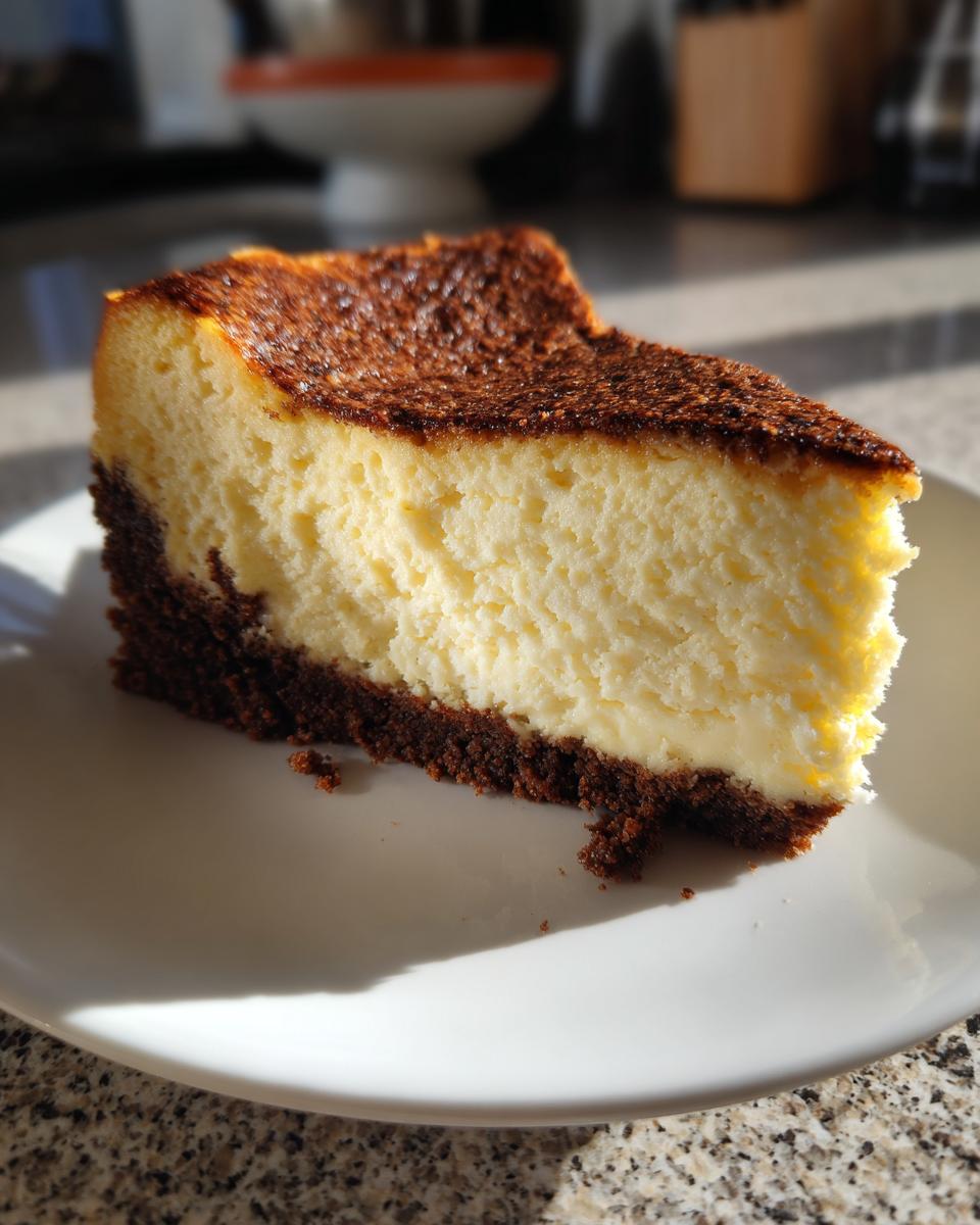 A thick slice of creamy new york cheesecake featuring a dark, caramelized top and a chocolate crust, sitting on a white plate.