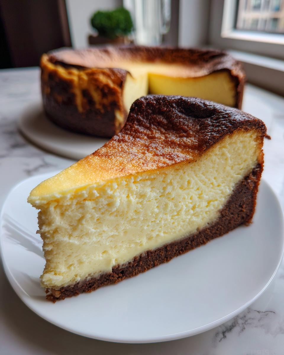 A thick slice of creamy new york cheesecake with a dark, caramelized top and chocolate crust, served on a white plate.