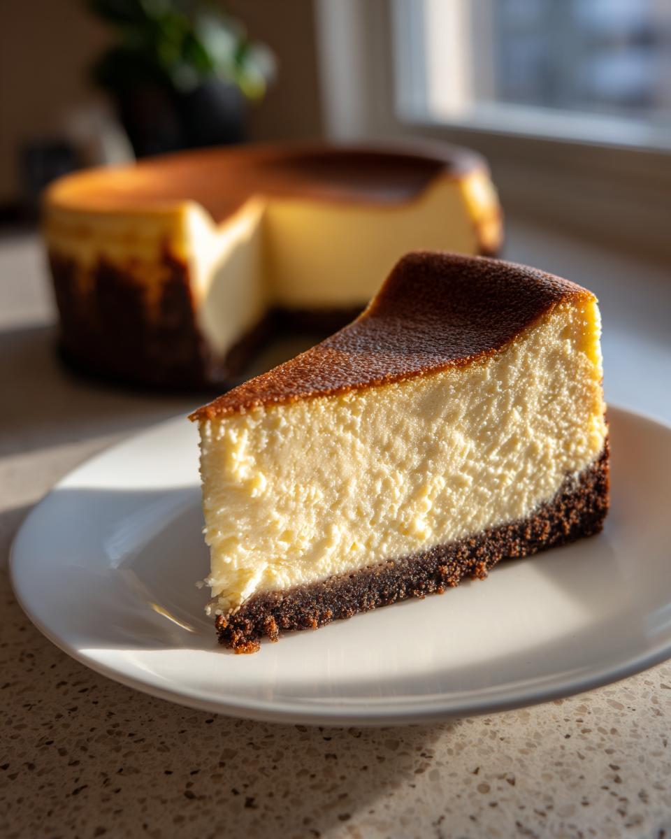 A close-up slice of creamy new york cheesecake with a dark, caramelized top and chocolate crust on a white plate.