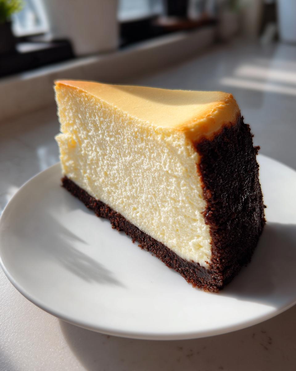 A tall, creamy slice of new york cheesecake with a dark chocolate crust, served on a white plate in bright sunlight.
