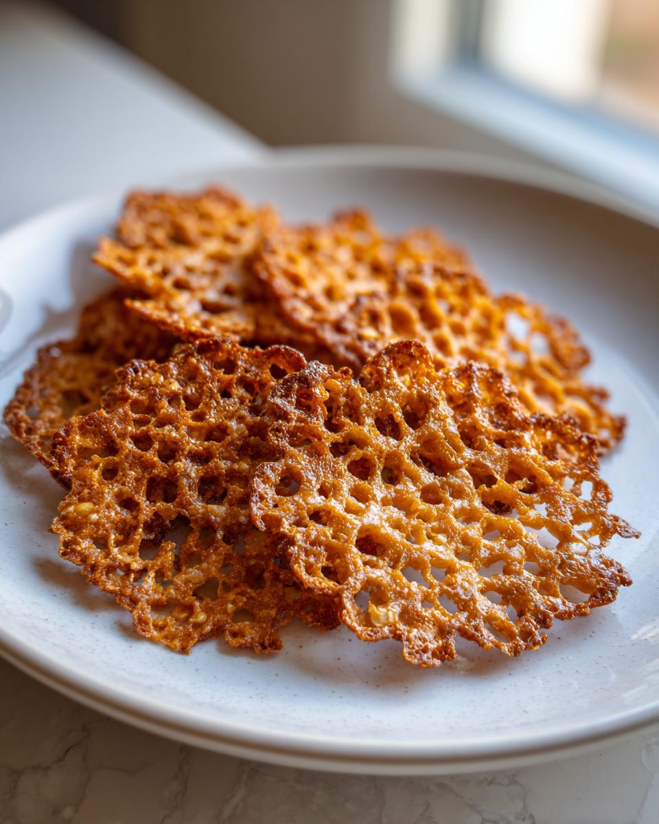 Several golden brown, delicate oatmeal lace cookies with a distinct honeycomb texture piled on a light-colored plate.