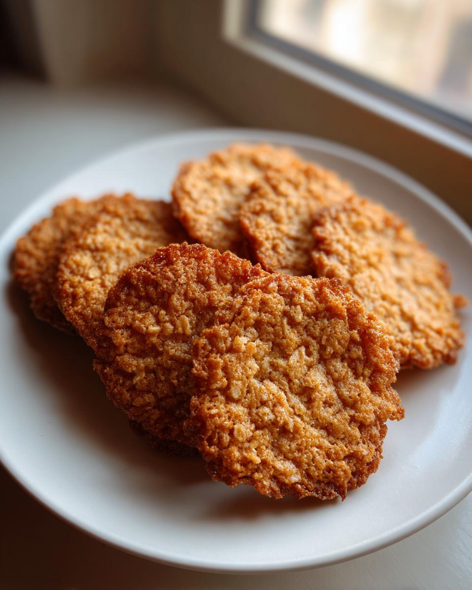 A stack of four golden brown, crispy oatmeal lace cookies resting on a white plate near a window.