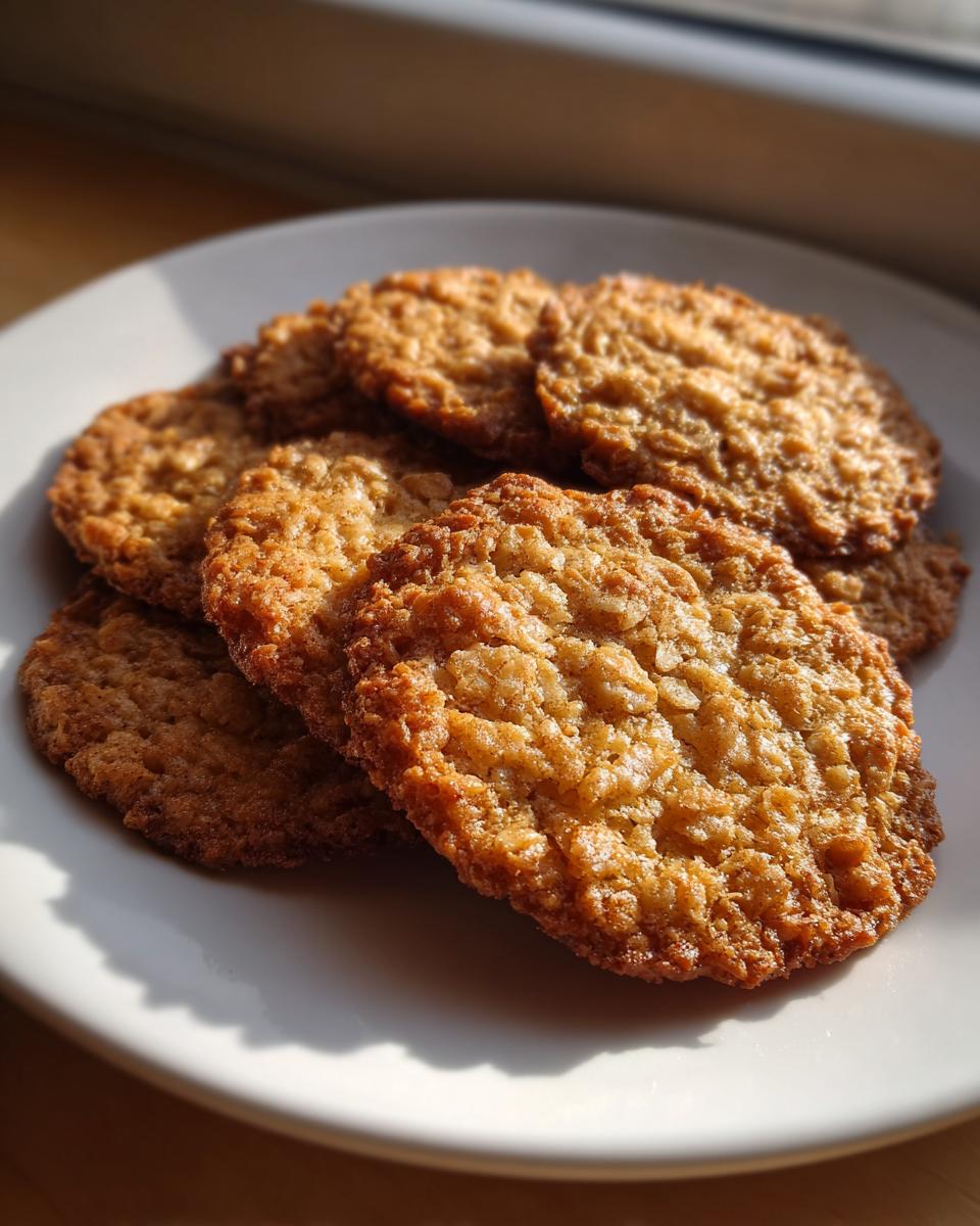 A stack of golden brown, crispy oatmeal lace cookies resting on a white plate, highlighted by sunlight.