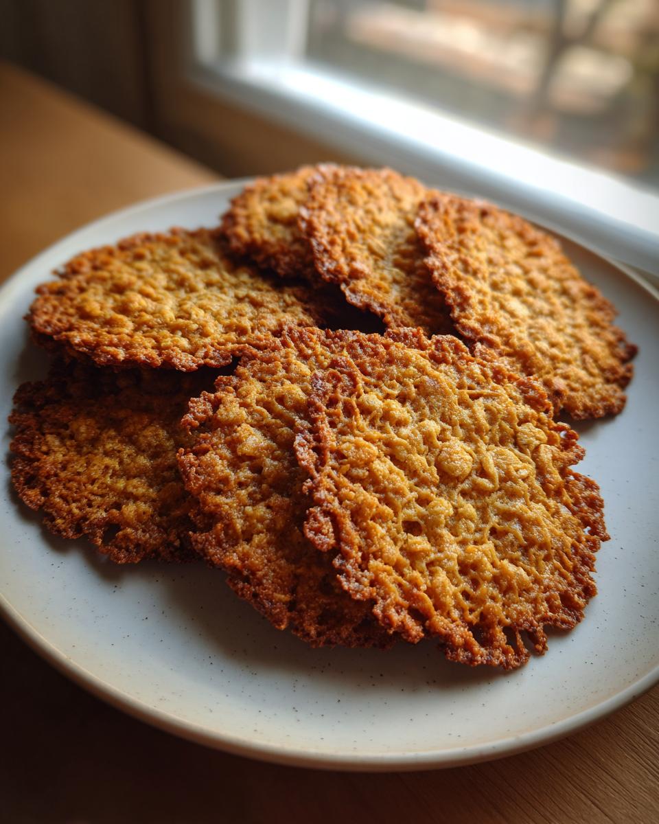 A stack of crispy, golden brown oatmeal lace cookies resting on a light speckled plate near a window.