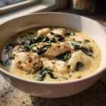 A close-up of a bowl of creamy Olive Garden Chicken Gnocchi Soup, featuring shredded chicken, spinach, and soft gnocchi.