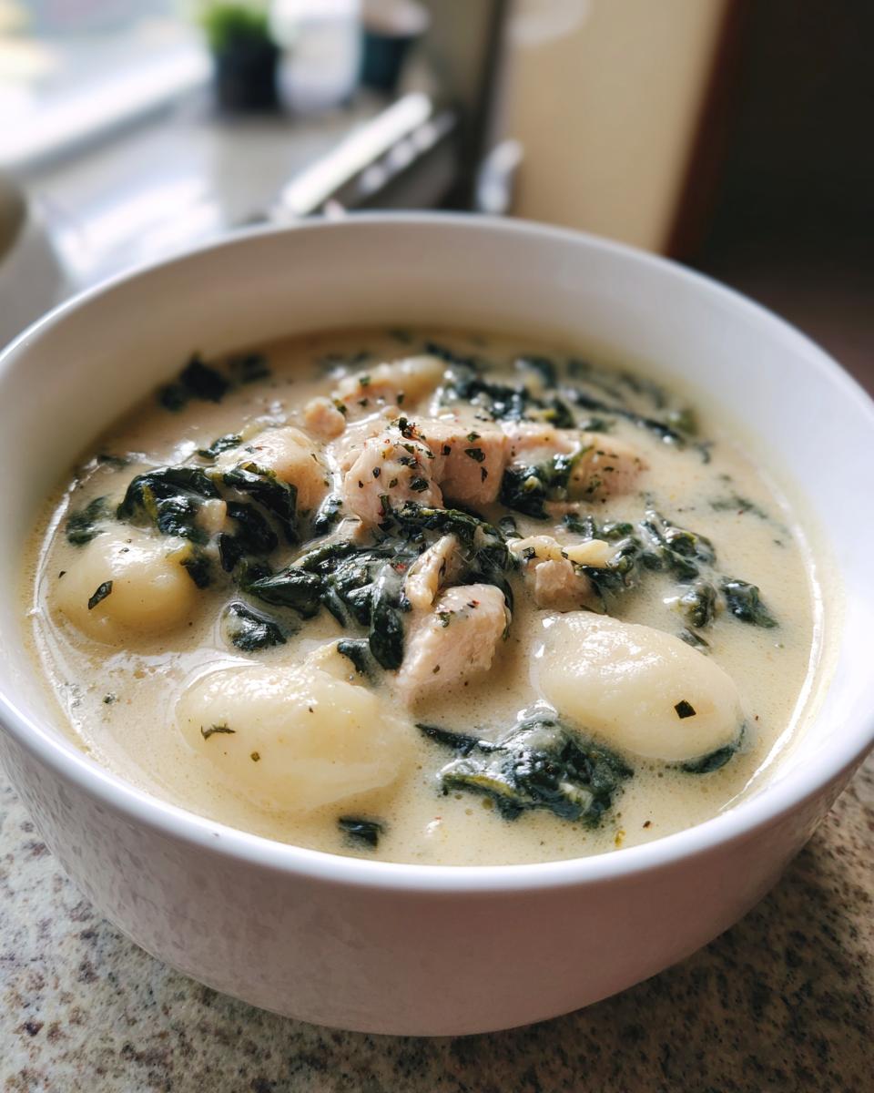 A close-up of a white bowl filled with creamy Olive Garden Chicken Gnocchi Soup, featuring gnocchi, chicken pieces, and spinach.