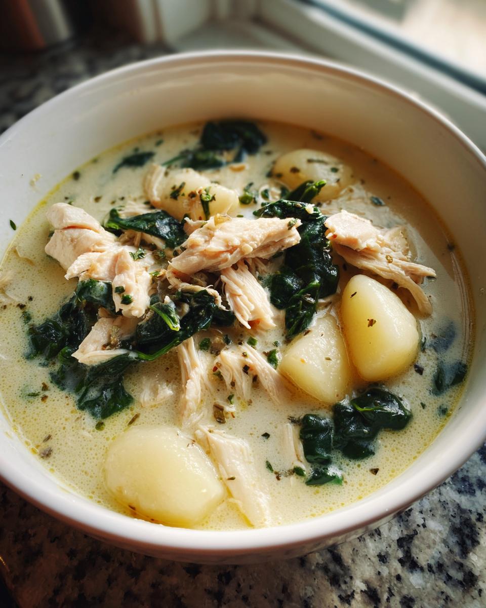 Close-up of a white bowl filled with creamy Olive Garden Chicken Gnocchi Soup, showing shredded chicken, spinach, and potato gnocchi.