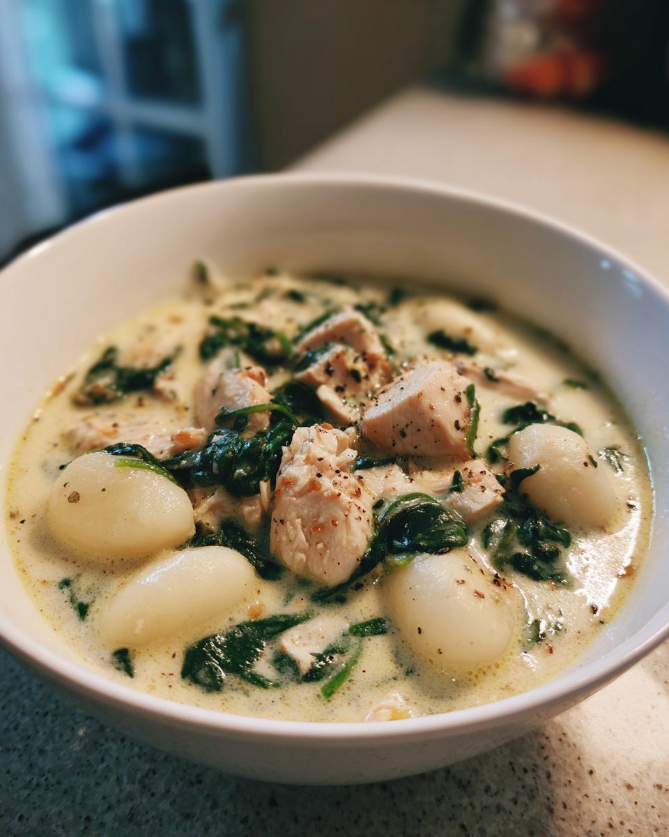Close-up of a bowl of creamy Olive Garden Chicken Gnocchi Soup with chunks of chicken, spinach, and plump gnocchi.