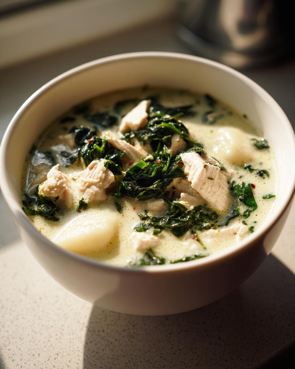 A close-up shot of a white bowl filled with creamy Olive Garden Chicken Gnocchi Soup, featuring chicken pieces and dark spinach.