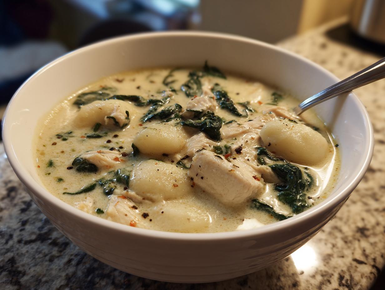 A close-up of a white bowl filled with creamy Olive Garden Chicken Gnocchi Soup, showing chunks of chicken, spinach, and soft gnocchi.