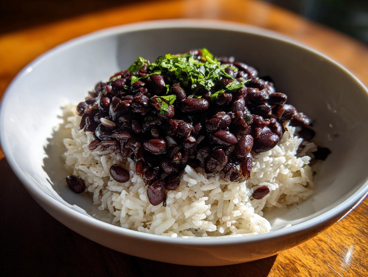 A close-up of a white bowl filled with fluffy white rice topped generously with seasoned black beans and fresh green herbs.