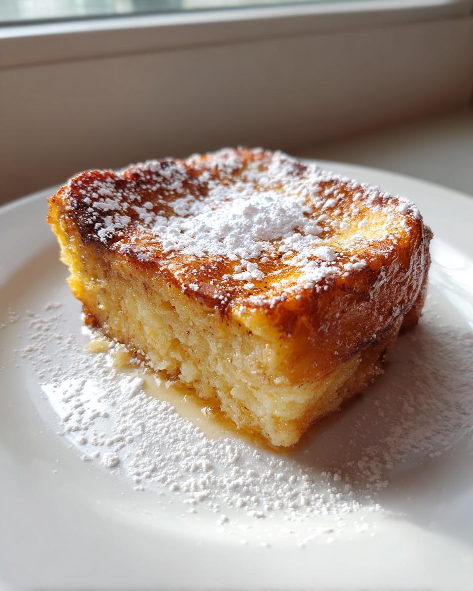 A golden brown square slice of overnight french toast topped with powdered sugar on a white plate.