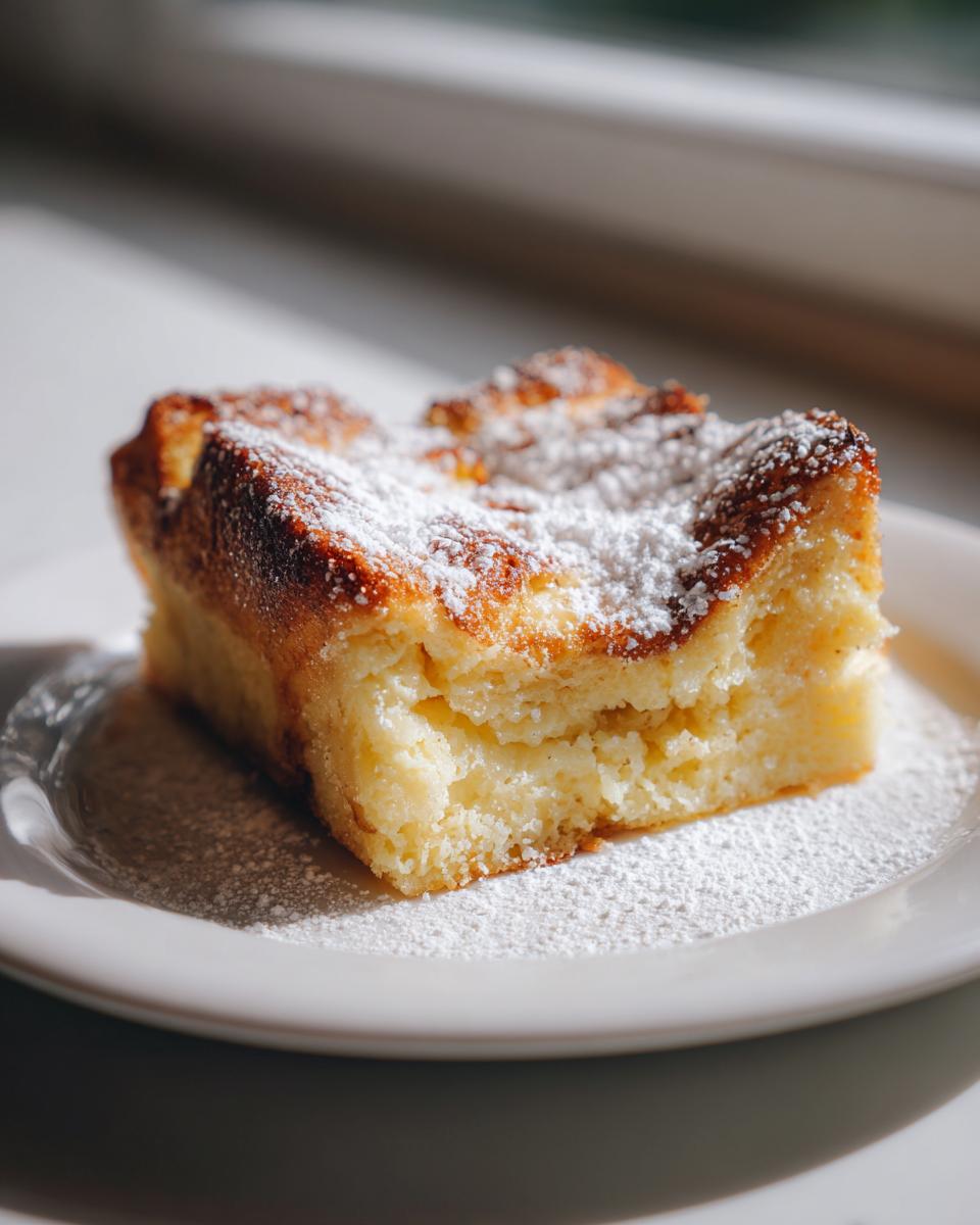 A square slice of baked overnight french toast, golden brown and topped with powdered sugar, served on a white plate.