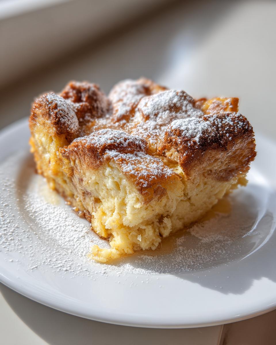 A close-up of a square serving of moist overnight french toast topped with powdered sugar on a white plate.
