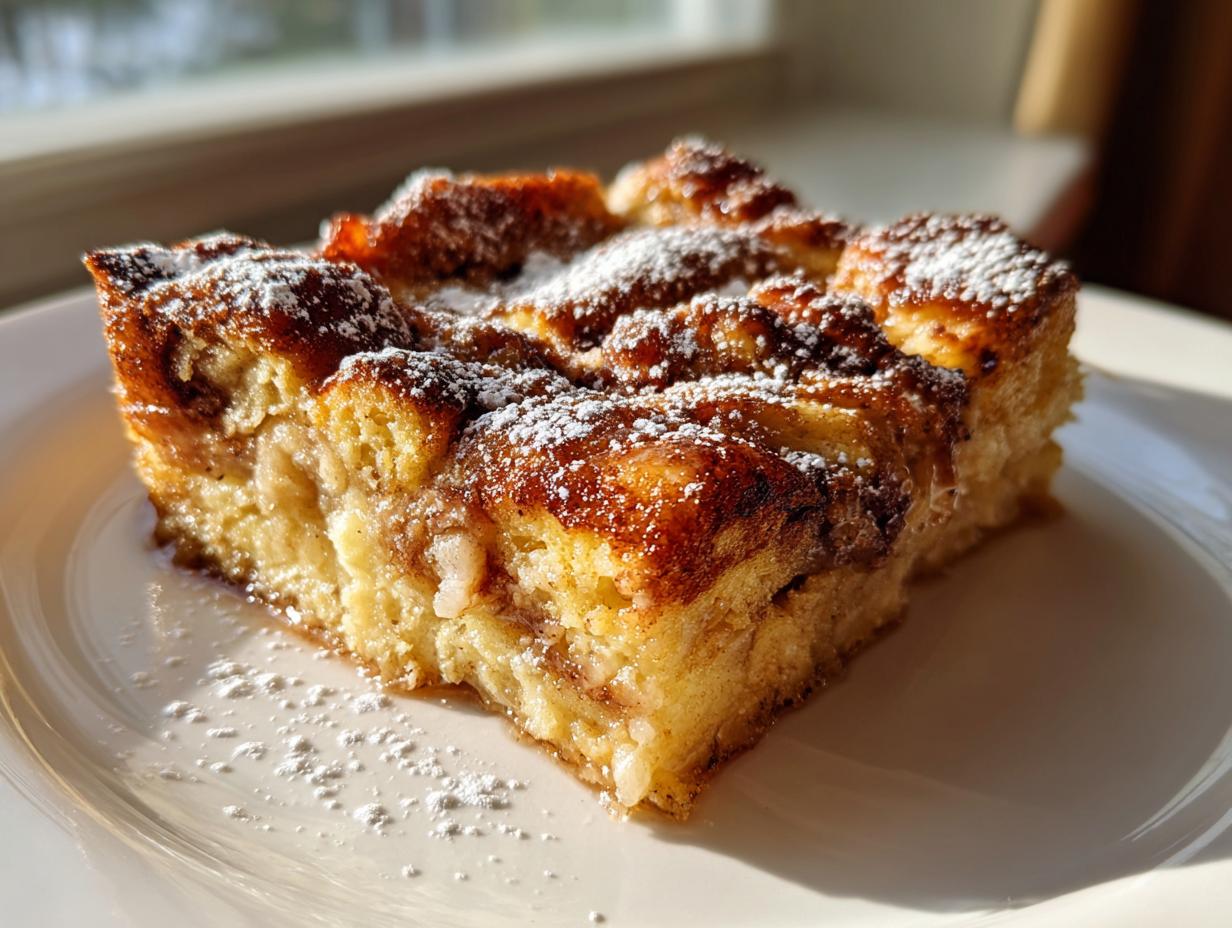 A golden brown square slice of overnight french toast, topped with cinnamon swirls and powdered sugar, resting on a white plate.