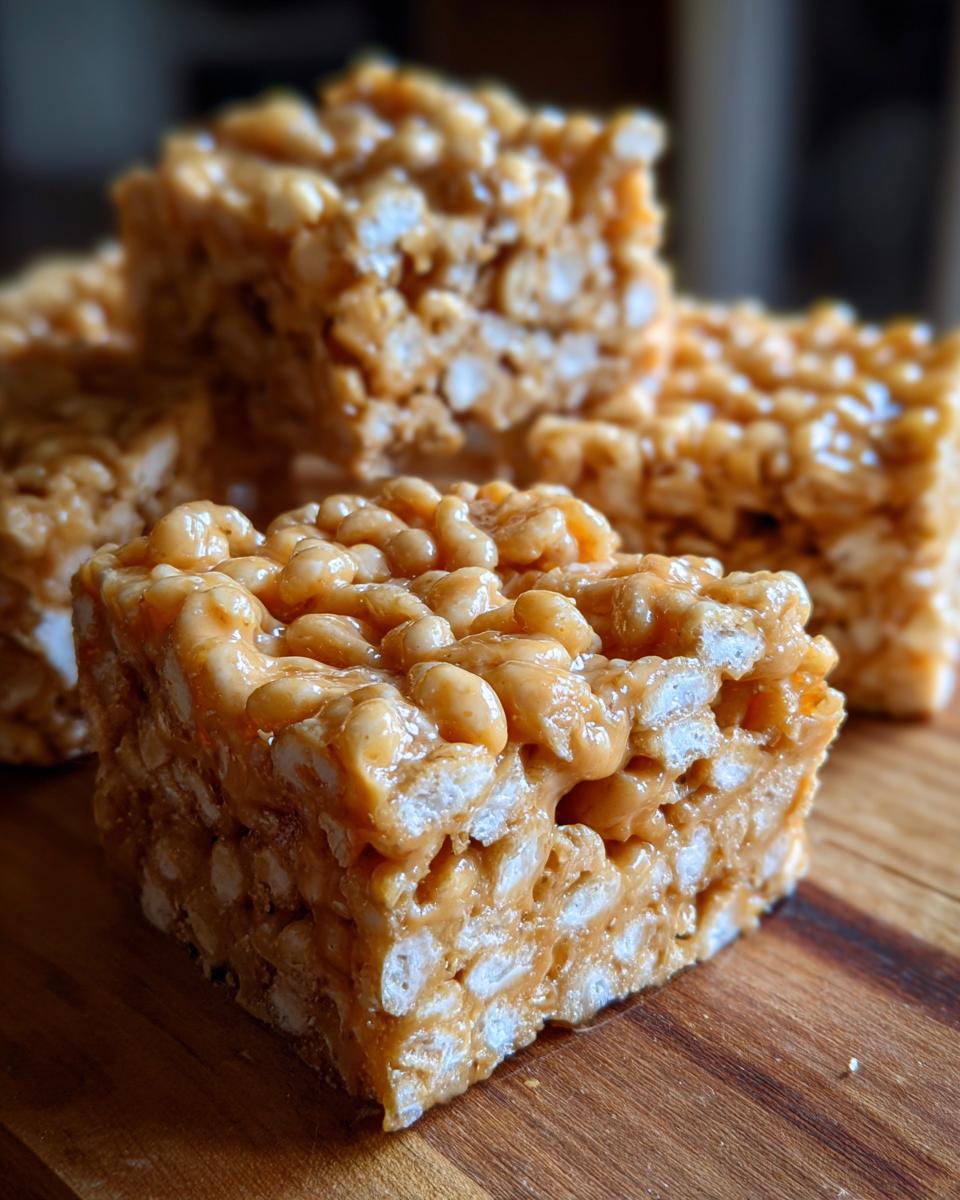 A close-up, square piece of chewy peanut butter rice krispie treats resting on a wooden surface.