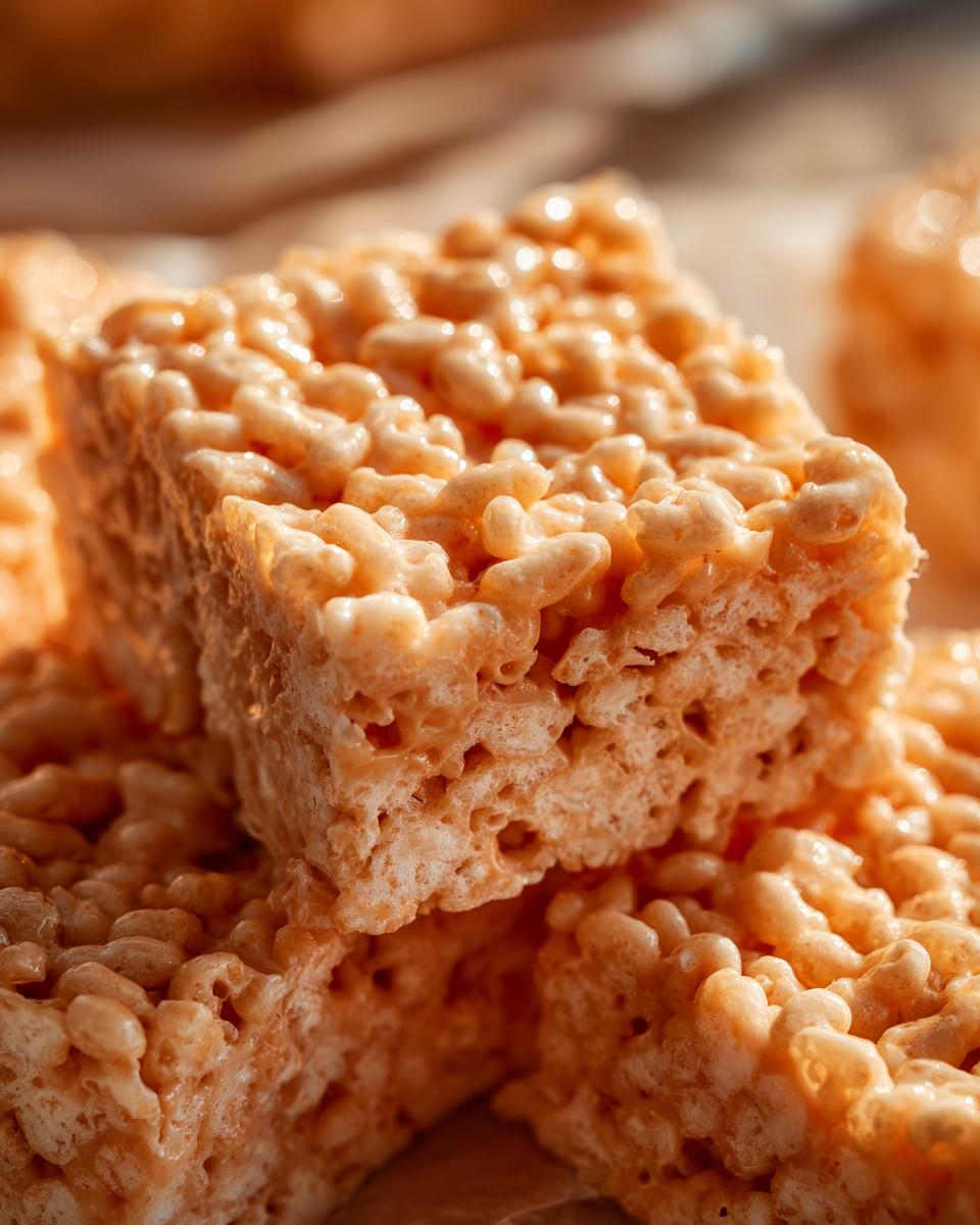 A close-up, macro shot of stacked, square peanut butter rice krispie treats showing their sticky, textured interior.