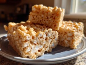 Three stacked and clustered peanut butter rice krispie treats squares sitting on a light blue plate.
