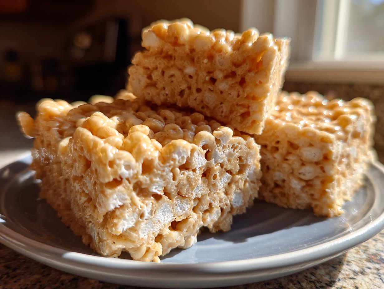 Three stacked and clustered peanut butter rice krispie treats squares sitting on a light blue plate.